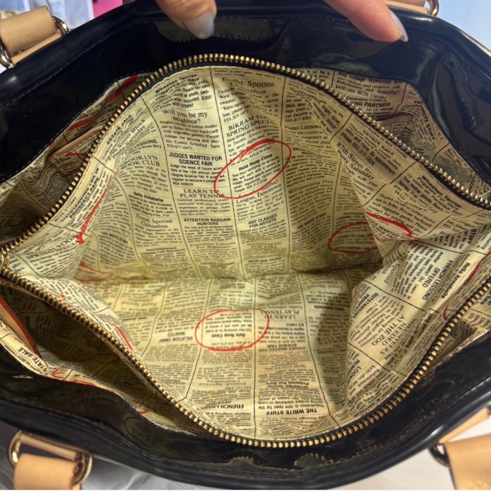 Kate Spade Rare Newspaper Ad Lining, Black Patent Leather Shoulder Bag